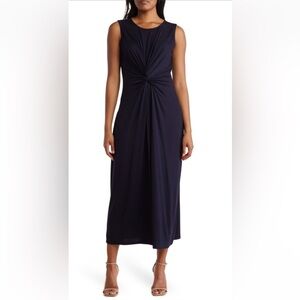 Tahari Womens Front Twist Crew Neck Sleeveless Maxi Dress Size S Navy Jersey